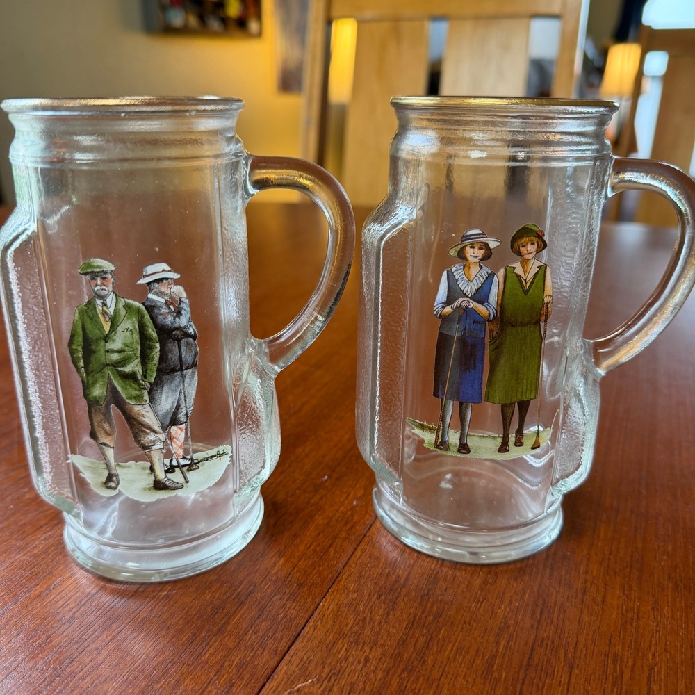 2 Vintage Golf Bag Glass Beer Mugs Gold Rim Edwardian Golfers Canada 8 Available